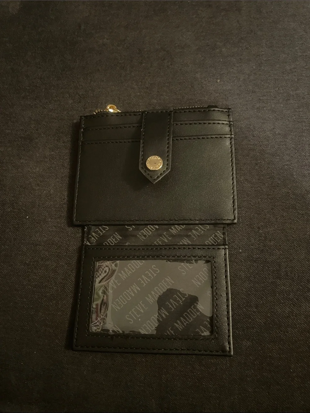 Steve Madden Black Slim Leather Card Case with Gold Accent